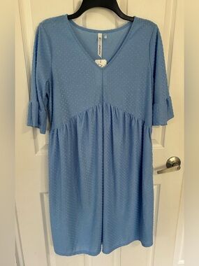 NY Collection Blue Swiss Dot V-Neck Midi Dress NWT